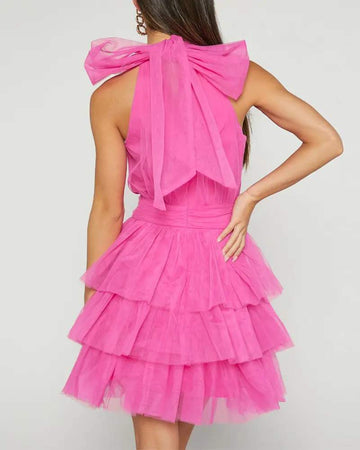 SHEER MESH TIED DETAIL LAYERED PARTY DRESS