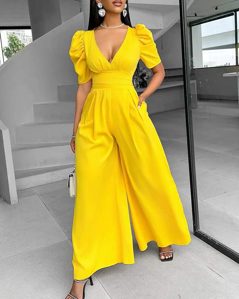 PUFF SLEEVE PLUNGE WIDE LEG JUMPSUIT