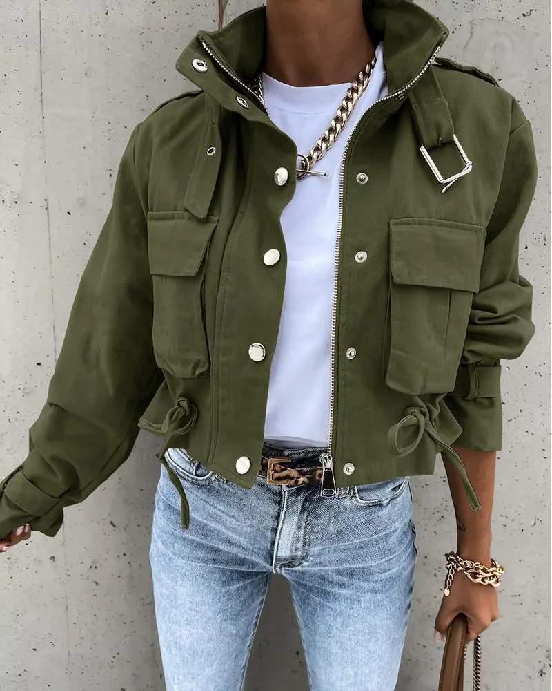 POCKET BUTTON DESIGN LONG SLEEVE BIKER JACKET