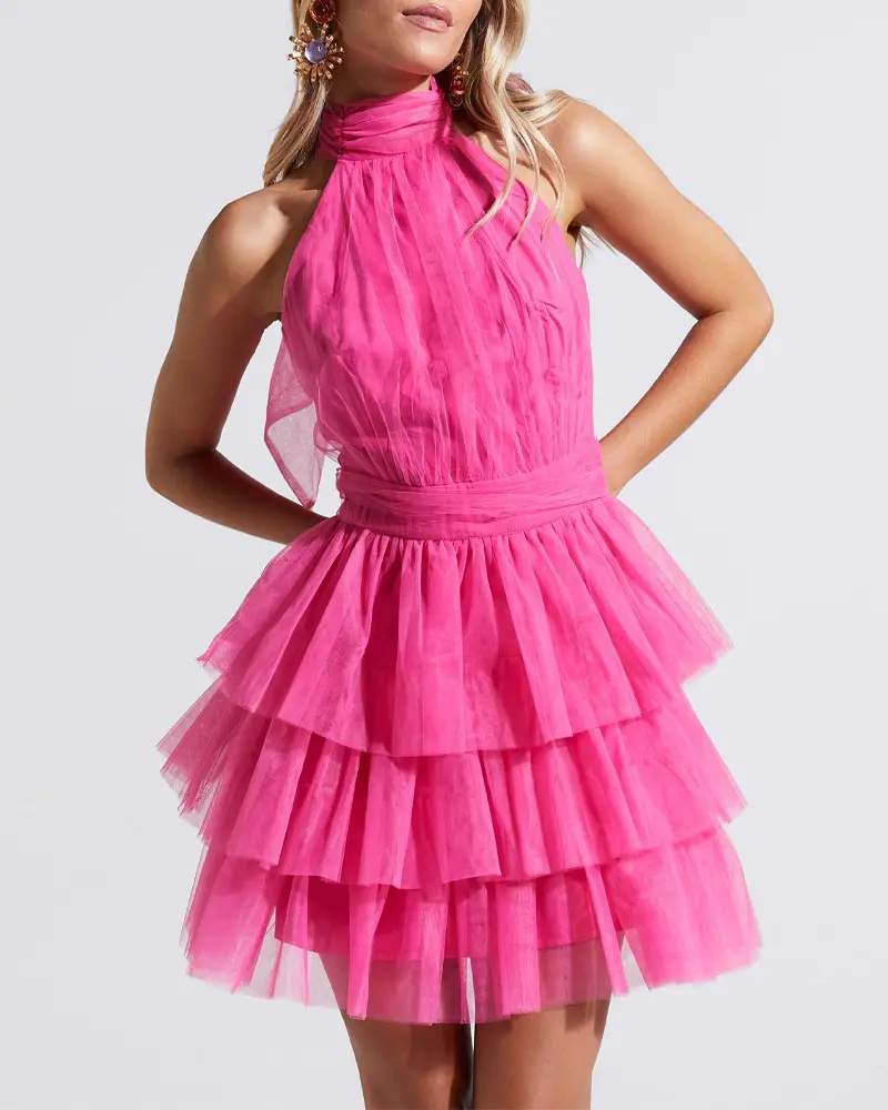 SHEER MESH TIED DETAIL LAYERED PARTY DRESS