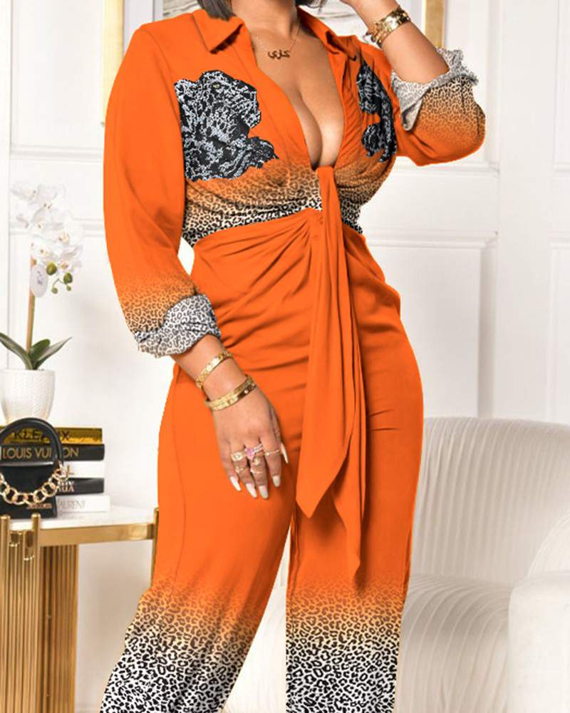 NEW Leopard Print Plunging Neck Tie Front Ruched Jumpsuit