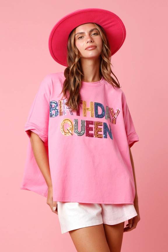 BIRTHDAY QUEEN SEQUINED TOP LOOSE T SHIRT 