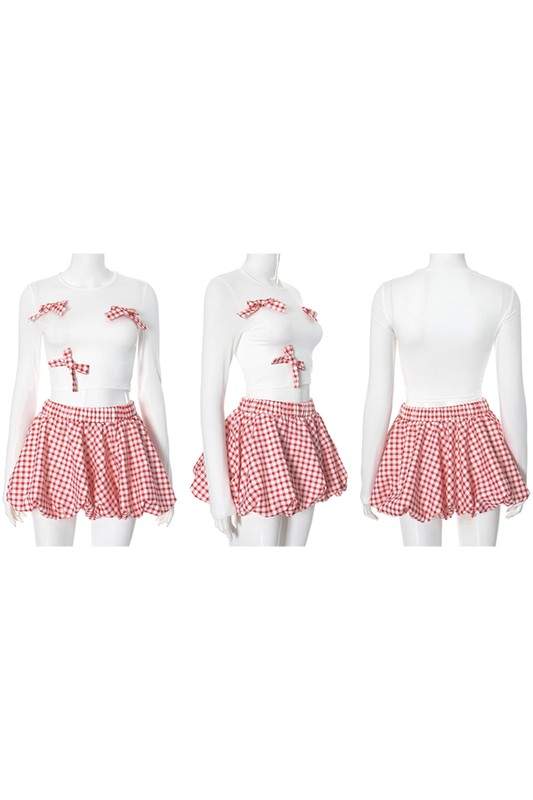 PLAID BOW CROPPED BUBBLE SKIRT SETS