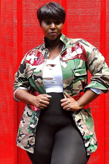 EMBROIDERED SEQUINS MULTI POCKETS CAMO JACKET