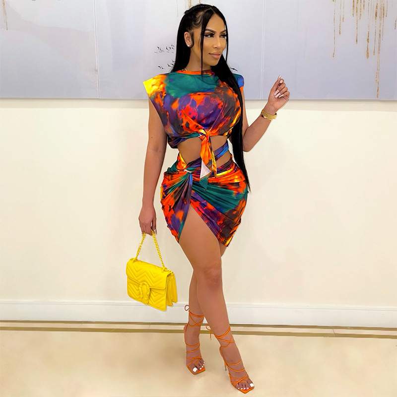 HOT SALE SUMMER WOMEN CLOTHING TWO PIECES SHORTS SET SEXY CLUB TIE DYE BANDAGE SKIRT AND SLEEVELESS CROP TOP 2 PIECE SET