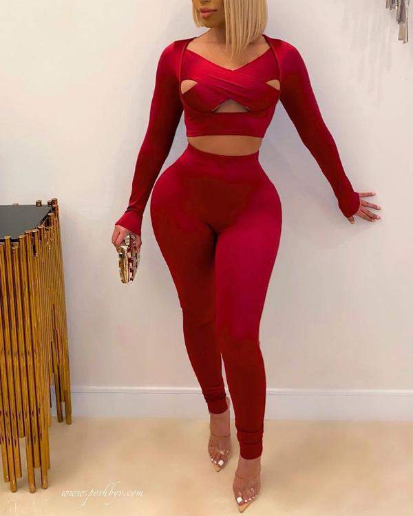 Long Sleeve Cutout Wrap Crop Top Skinny Pants Set
