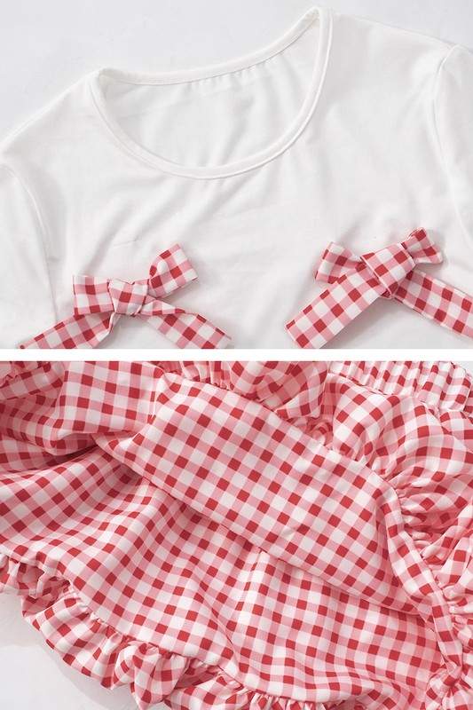 PLAID BOW CROPPED BUBBLE SKIRT SETS