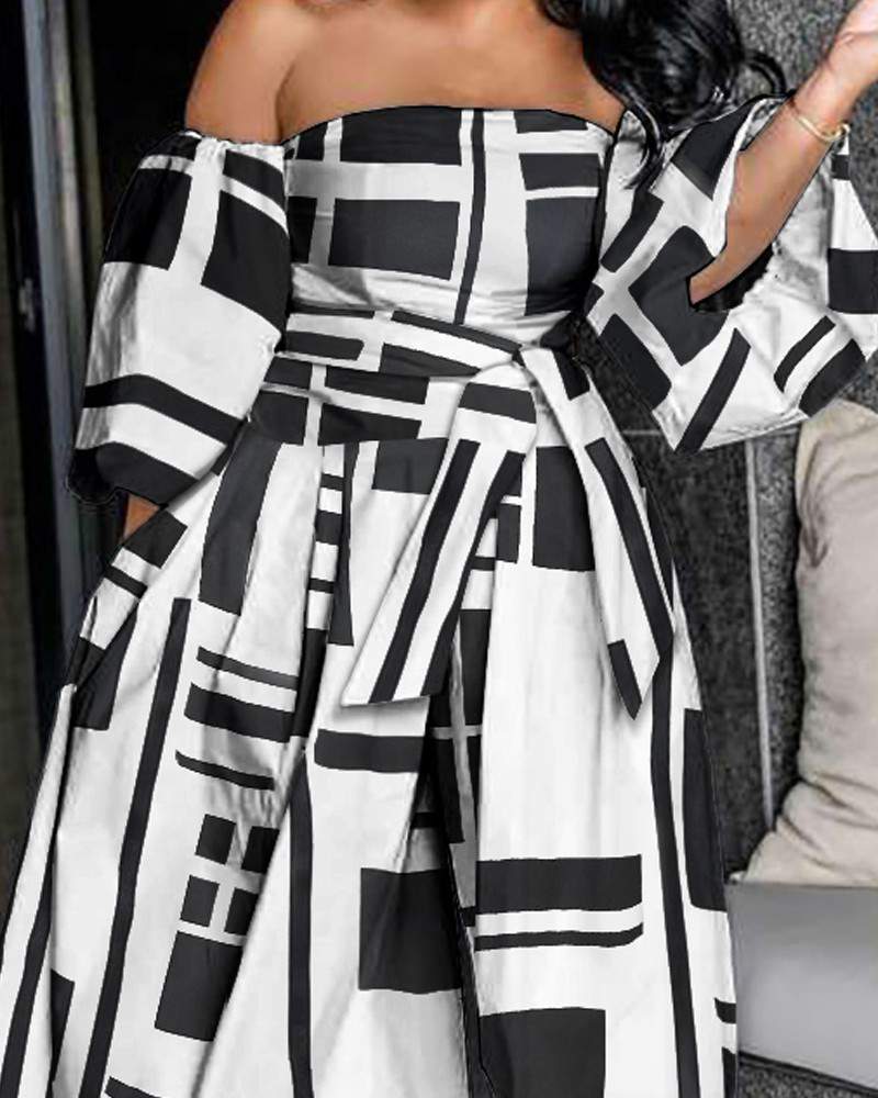 Printed Floral Off Shoulder Bowknot Lantern Sleeve Wide Leg Jumpsuit