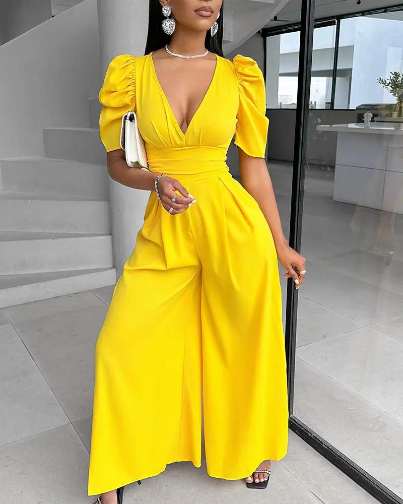 PUFF SLEEVE PLUNGE WIDE LEG JUMPSUIT