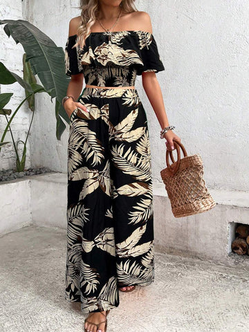 VCAY LADIES TROPICAL PRINTED OFF SHOULDER TOP WITH LACE TRIM AND WIDE LEG PANTS SET