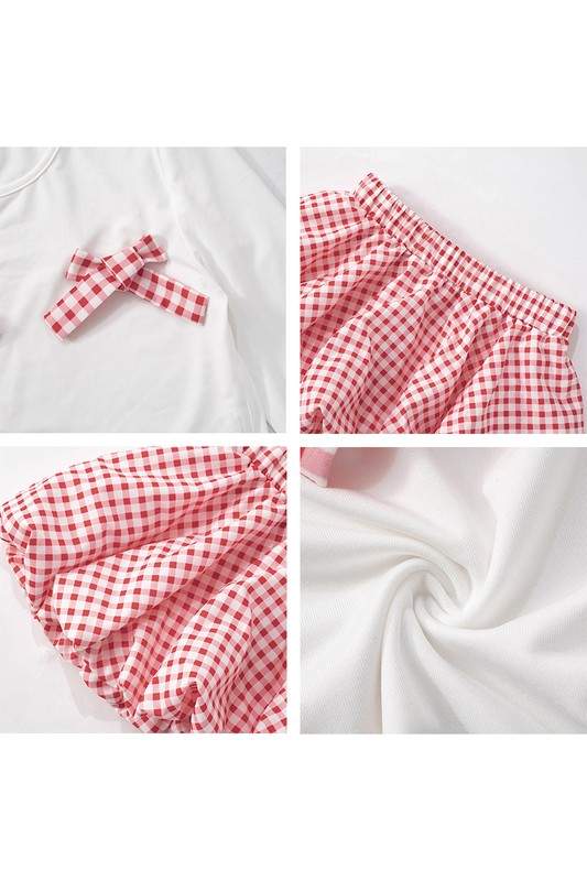 PLAID BOW CROPPED BUBBLE SKIRT SETS