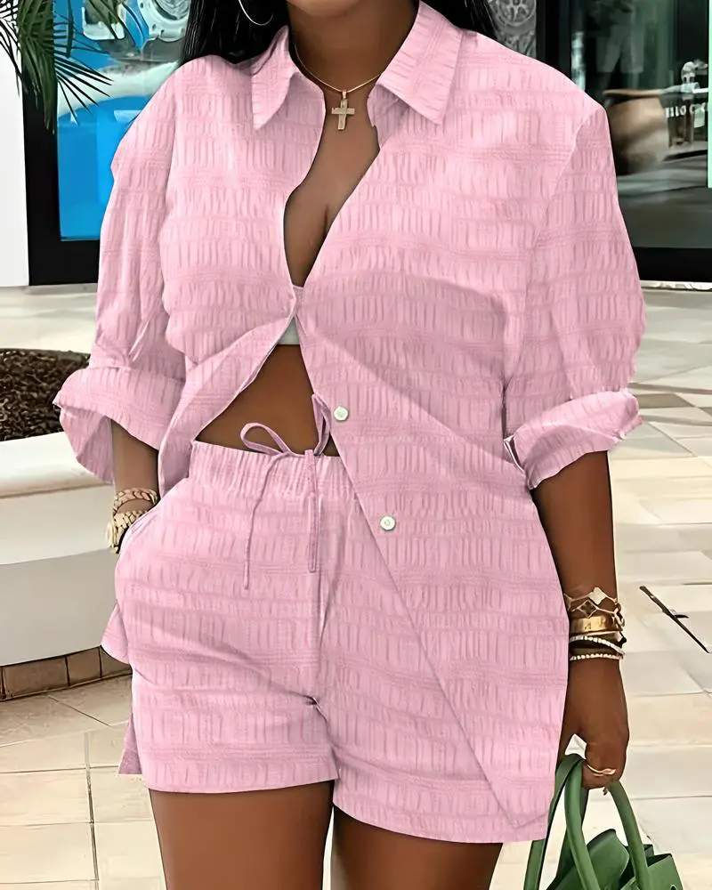 TEXTURED SHIRT DRAWSTRING SHORTS SET