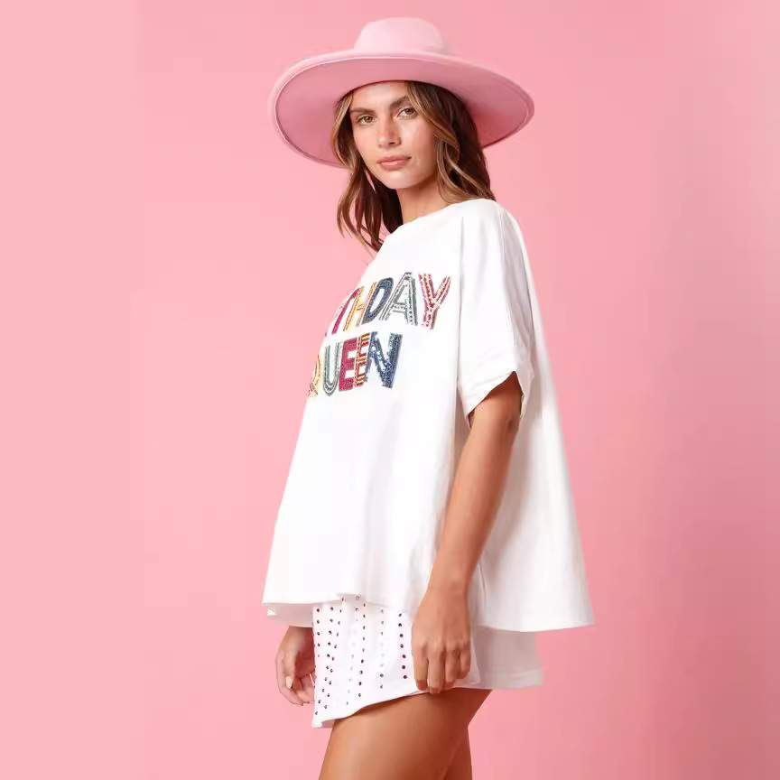 BIRTHDAY QUEEN SEQUINED TOP LOOSE T SHIRT 