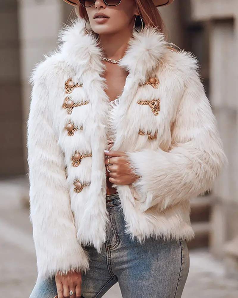 BUTTONED LONG SLEEVE FAUX FUR FLUFFY COAT