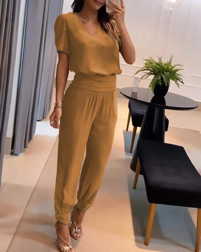 PUFF SLEEVE TOP HIGH WAIST CUFFED PANTS SET