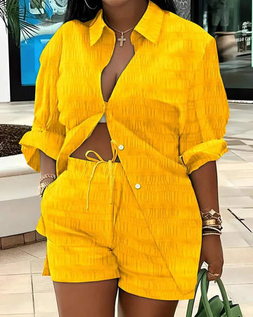 TEXTURED SHIRT DRAWSTRING SHORTS SET