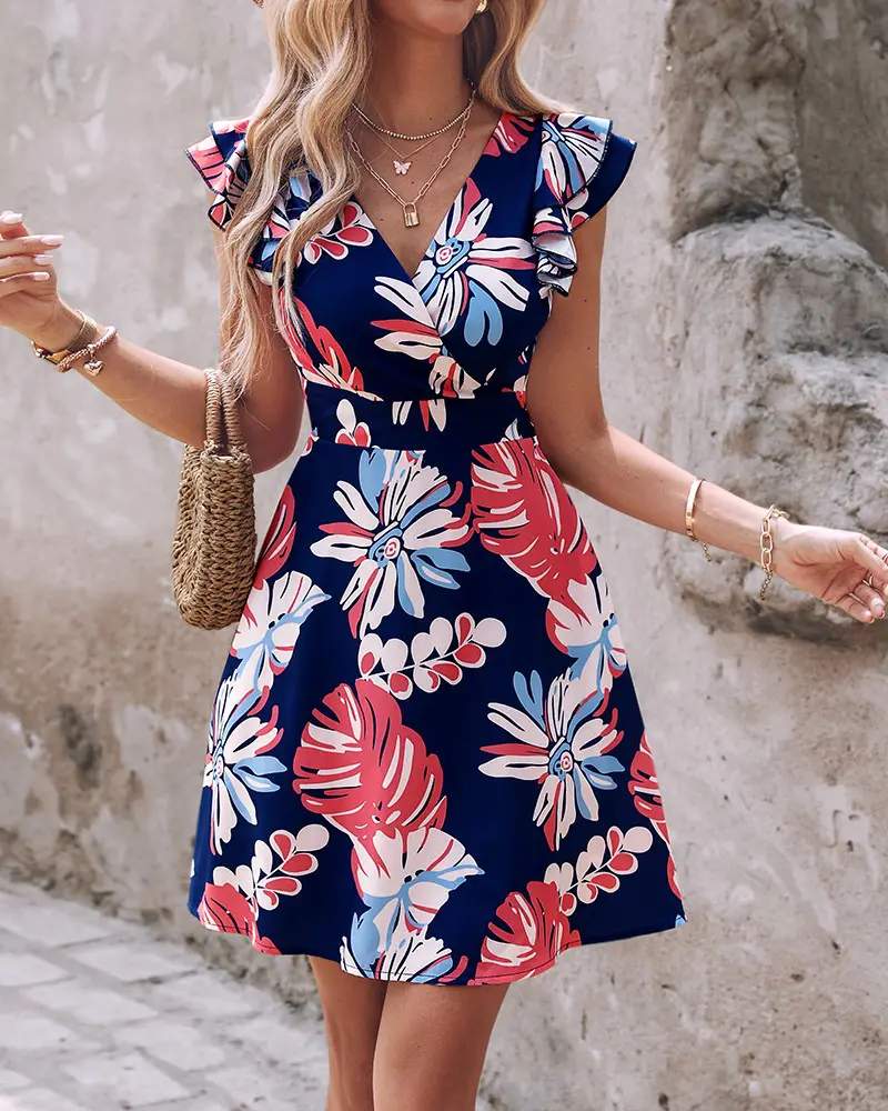 FLORAL PRINT RUFFLE HEM CASUAL DRESS