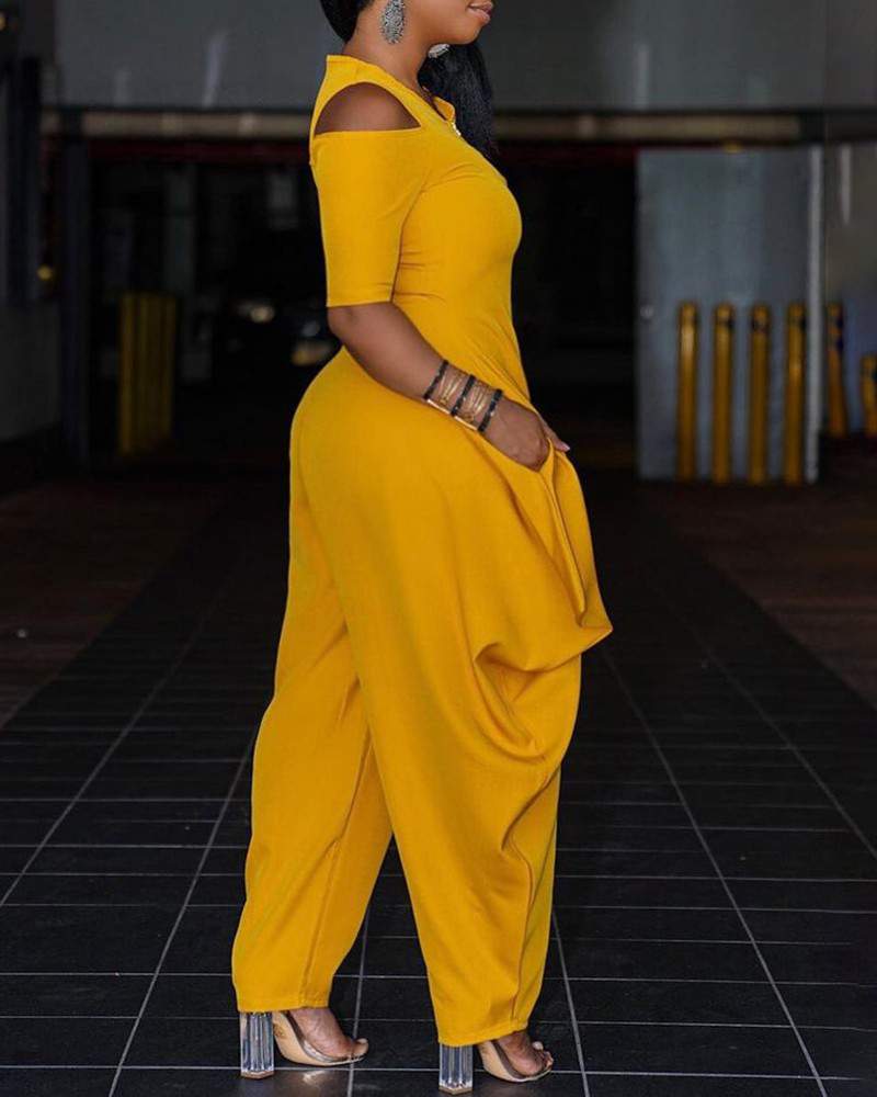 Cold Shoulder Zipper Front Ruched Harem Jumpsuit