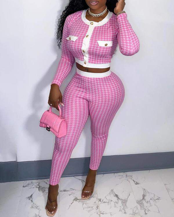 Houndstooth Print Colorblock Buttoned Crop Top Skinny Pants Set