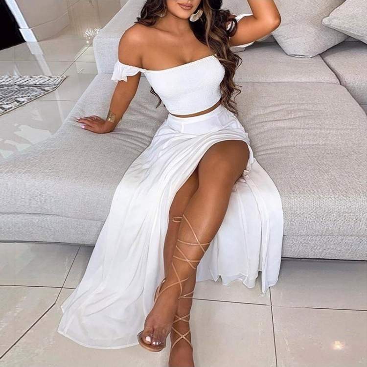 WOMEN S BEACH PATCHWORK SPLIT PURE COLOR SKIRT SETS