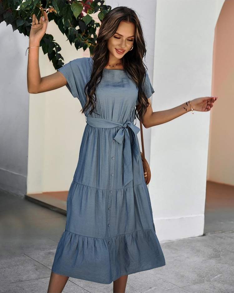 CASUAL PURE COLOR ROUND NECK WOMEN S MIDI DRESS