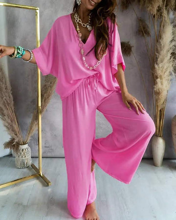 V NECK BATWING SLEEVE TOP CASUAL PANTS SET