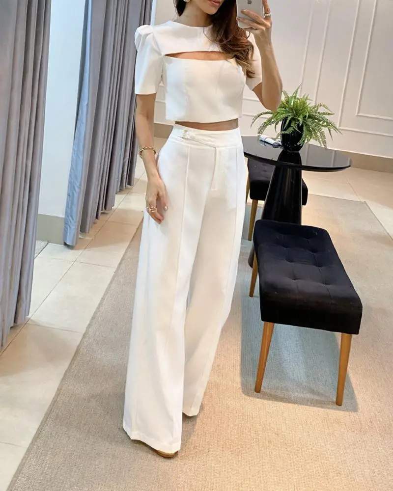 PUFF SLEEVE CUTOUT TOP WIDE LEG PANTS SET