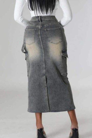 Denim Skirt, High-Waisted Cargo Skirt