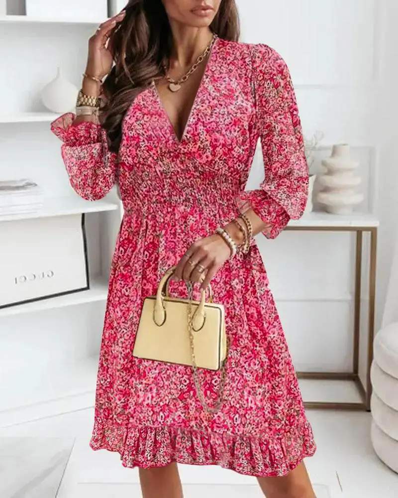 PUFF SLEEVE RUFFLE HEM SHIRRED DITSY FLORAL PRINT DRESS