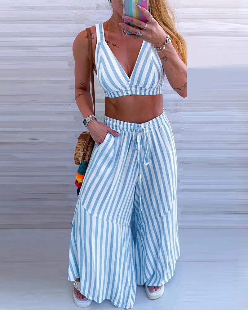 STRIPED CROP VEST TOP DRAWSTRING WIDE LEG PANTS SET
