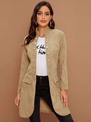 DOUBLE BREASTED FAKE FLAP POCKET CORDUROY COAT