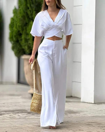 RUCHED BATWING SLEEVE CROP TOP SLIT POCKET DESIGN PANTS SET