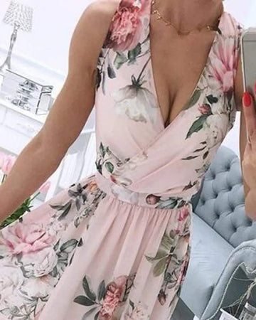 V NECK FLORAL PRINT HIGH SLIT DRESS