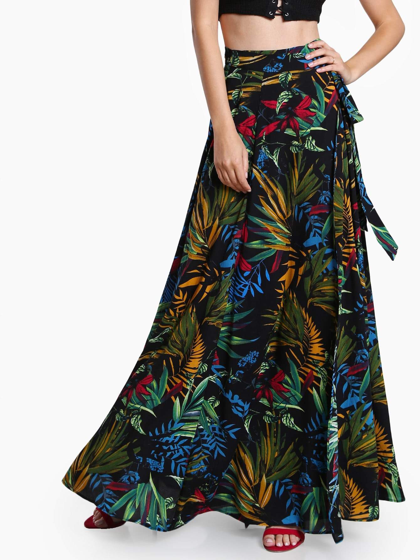 VCAY TROPICAL PRINT SELF TIE WRAP SKIRT