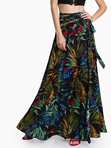 VCAY TROPICAL PRINT SELF TIE WRAP SKIRT