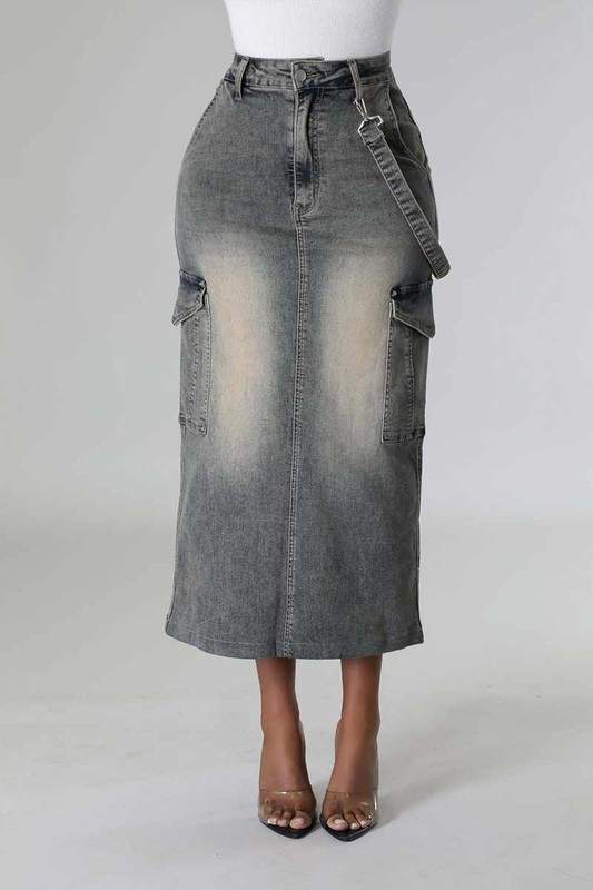 Denim Skirt, High-Waisted Cargo Skirt