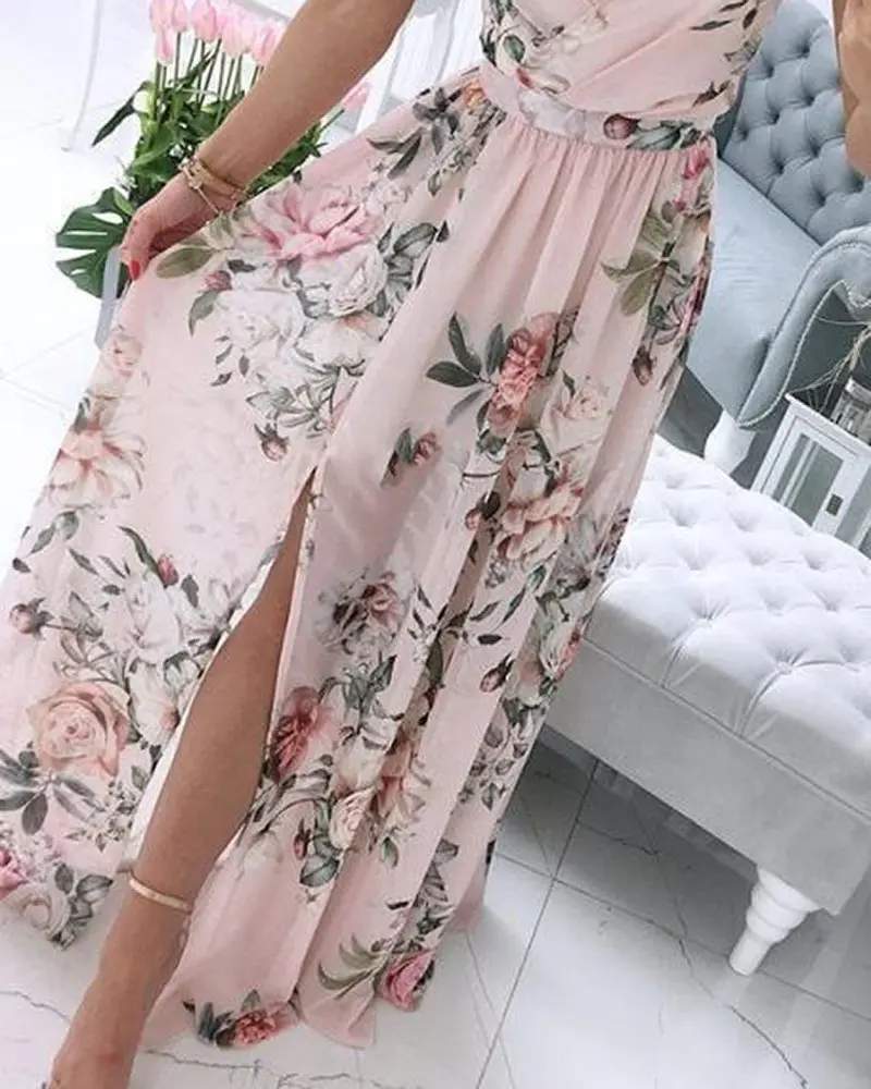 V NECK FLORAL PRINT HIGH SLIT DRESS
