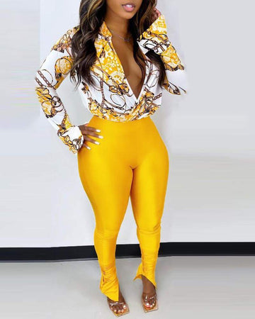 FLORAL CHAIN PRINT BELL SLEEVE TOP SKINNY PANTS SET