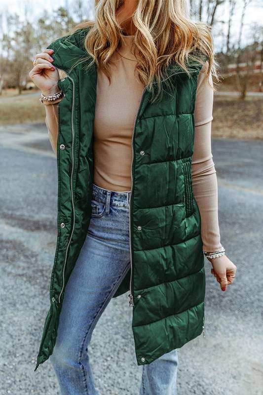 HOODED LONG QUILTED VEST COAT