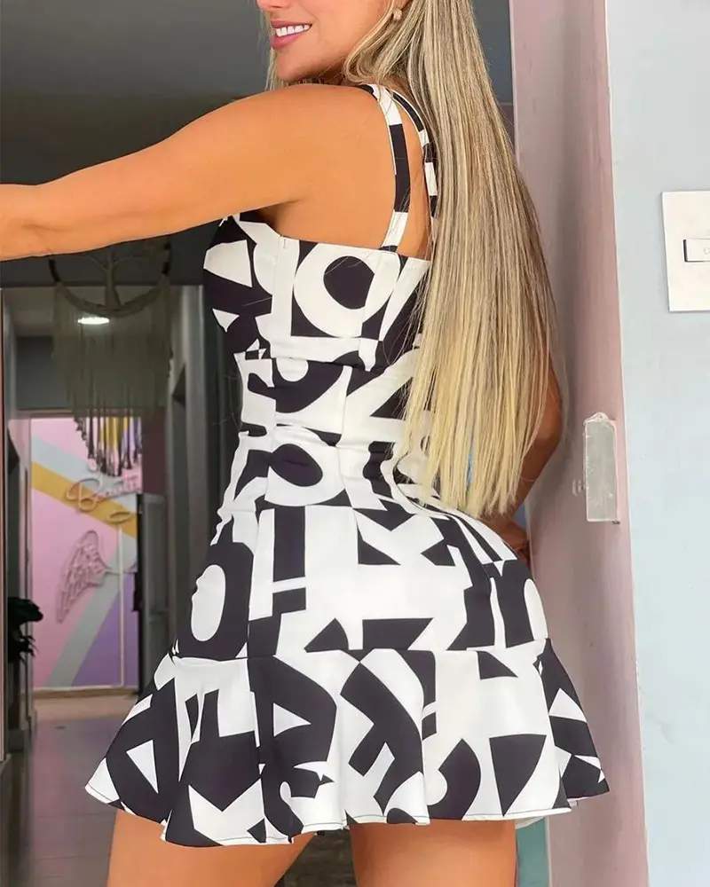 GEO LETTER PRINT RUFFLE HEM CASUAL DRESS