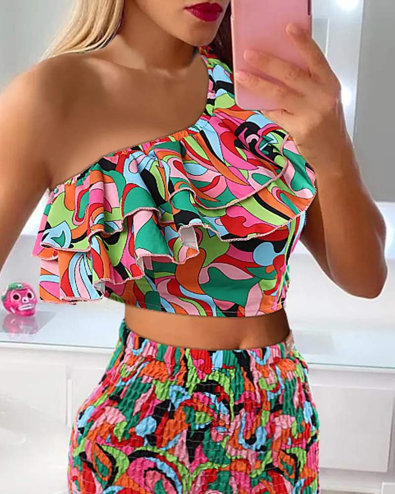 PAISLEY PRINT RUFFLES CROP TOP SHIRRED SKIRT SET