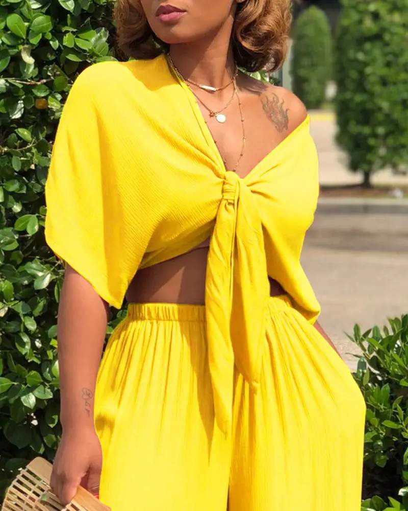 SHORT SLEEVE KNOTTED TOP WIDE LEG PANTS SET