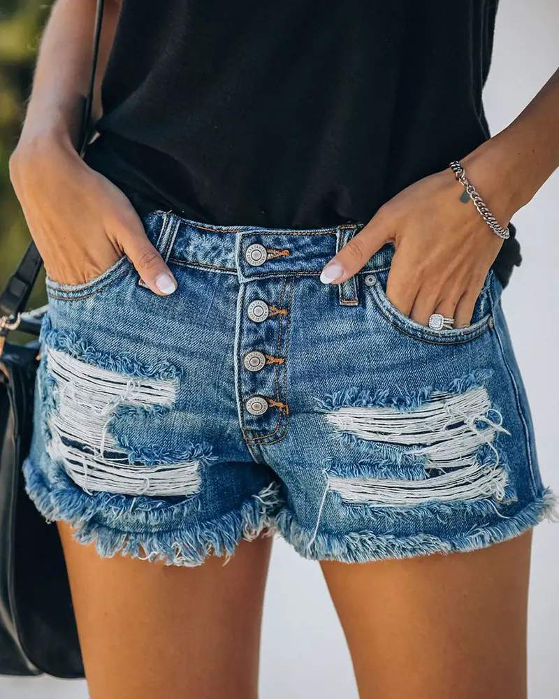INDEPENDENCE DAY FLAG PRINT RIPPED BUTTONED DENIM SHORTS