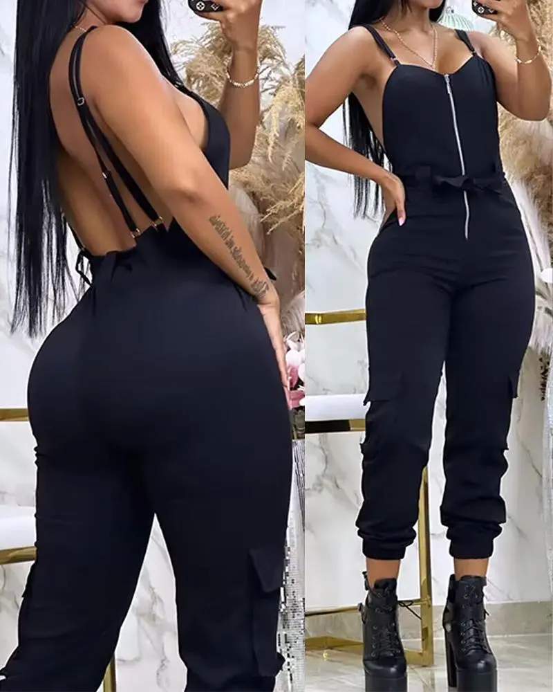 ZIPPER POCKET DESIGN BACKLESS CUFFED JUMPSUIT