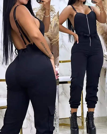ZIPPER POCKET DESIGN BACKLESS CUFFED JUMPSUIT