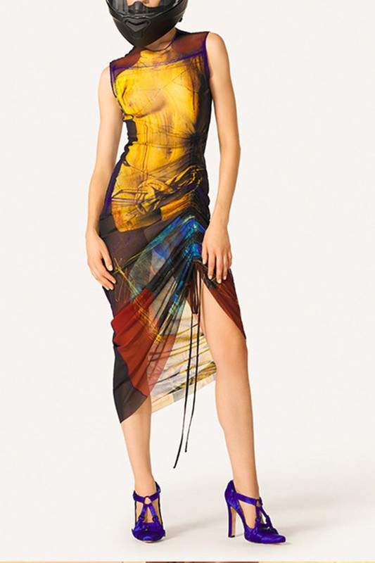 GRAPHIC MESH MIDI DRESS