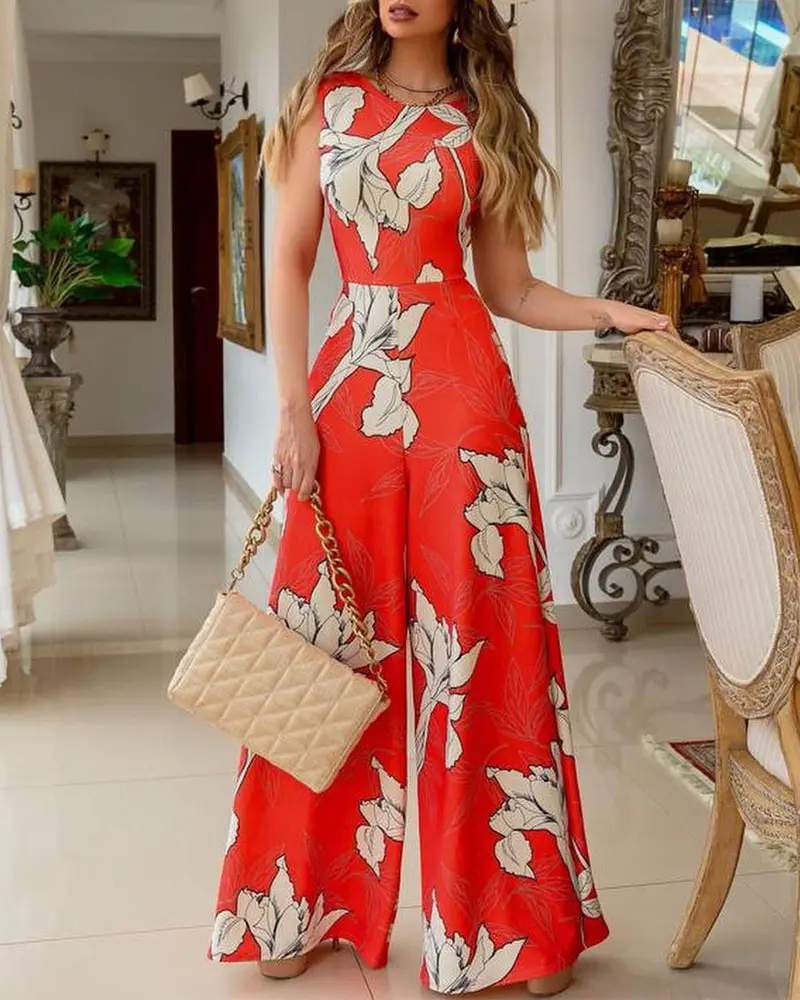 PLANTS PRINT BACKLESS WIDE LEG JUMPSUIT