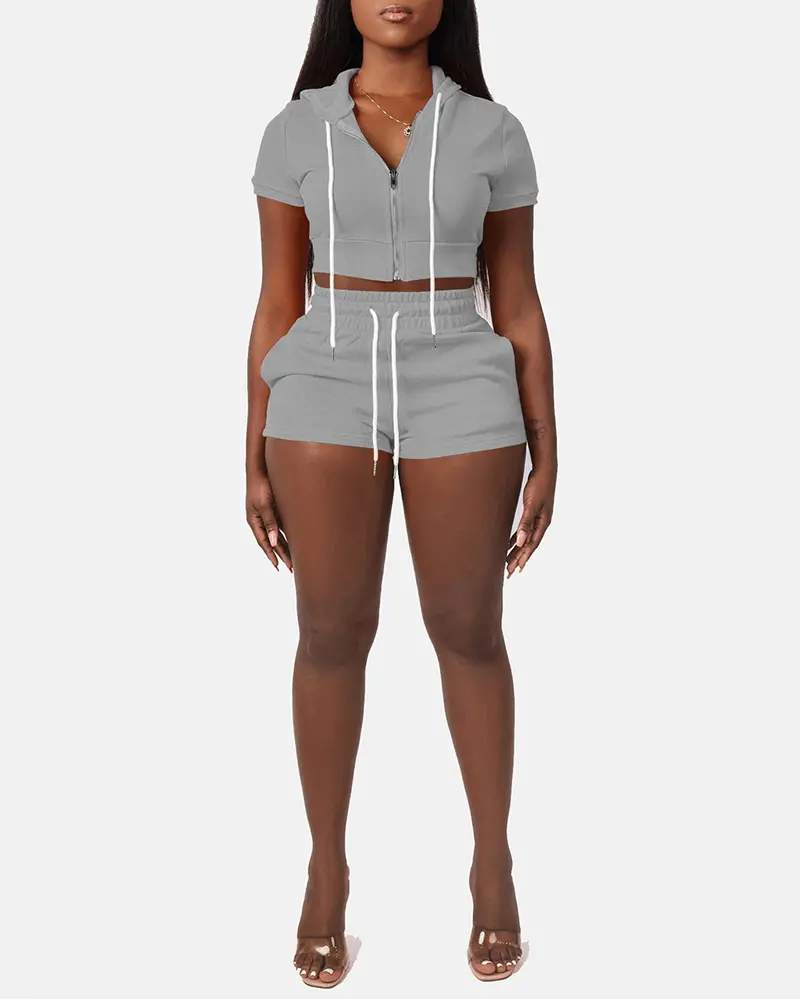 ZIPPER DESIGN HOODED TOP DRAWSTRING SHORTS SET