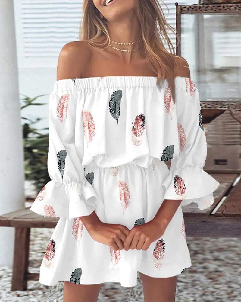 FEATHER PRINT OFF SHOULDER BELL SLEEVE CASUAL DRESS