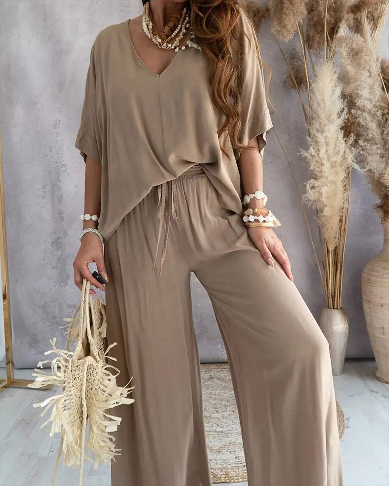 V NECK BATWING SLEEVE TOP CASUAL PANTS SET